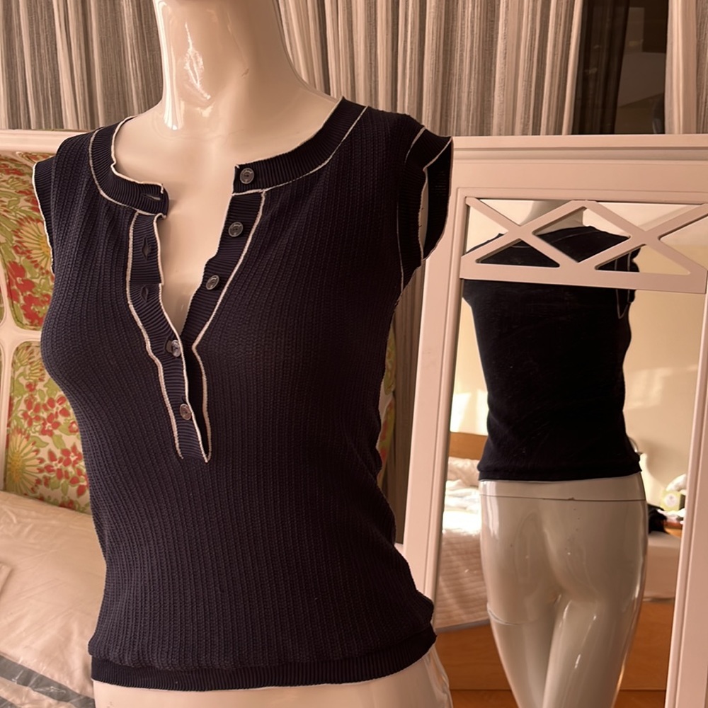 Authentic Chanel Navy Cotton tank top/shirt good condition. Dress it up and down